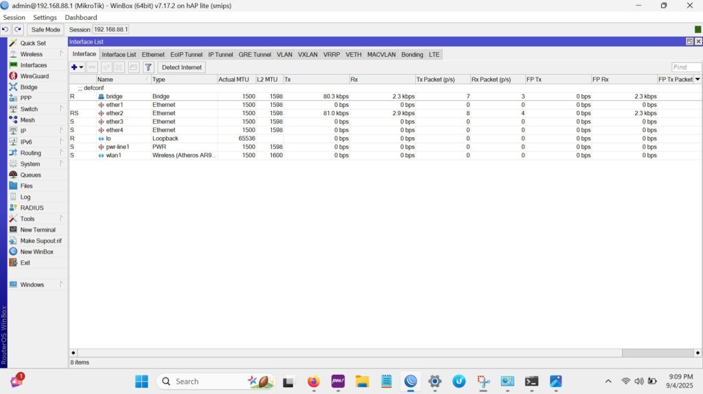 Winbox interface connected to Mikrotik RB941